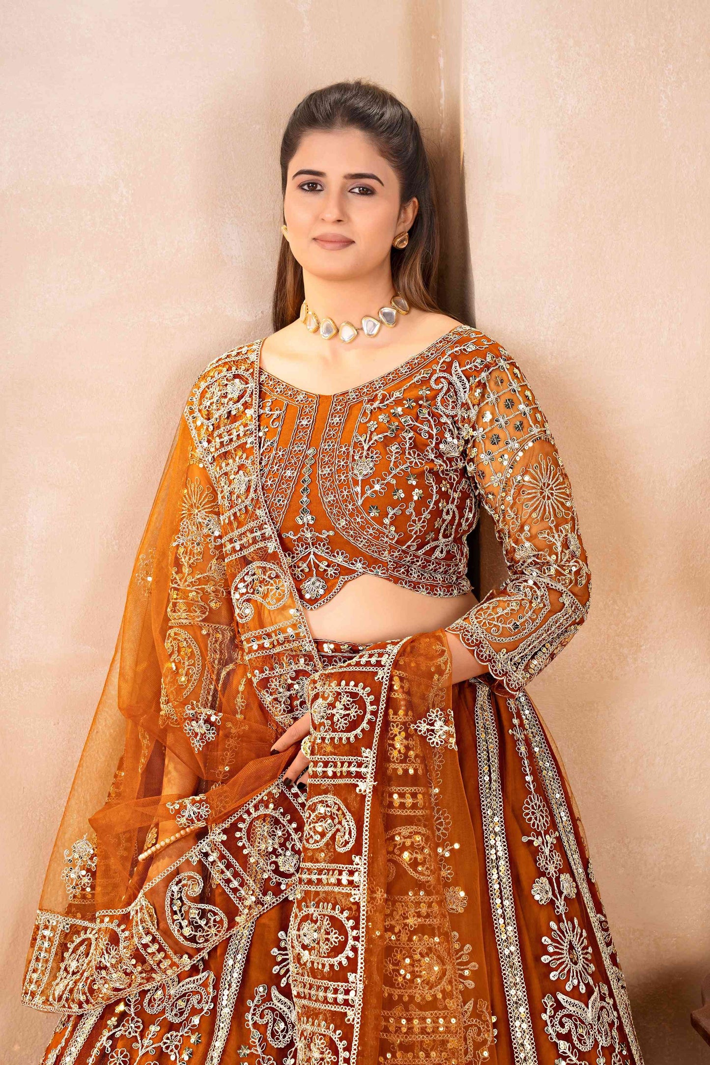 Amazing Rust Orange Butterfly Net Sequence And Embroidery Designer Sangeet Wear Lehenga Choli