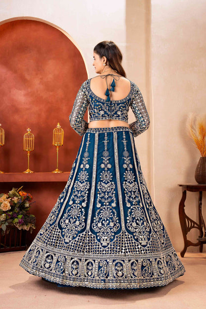 Regal Teal Blue Butterfly Net Sequence And Embroidery Designer Sangeet Wear Lehenga Choli