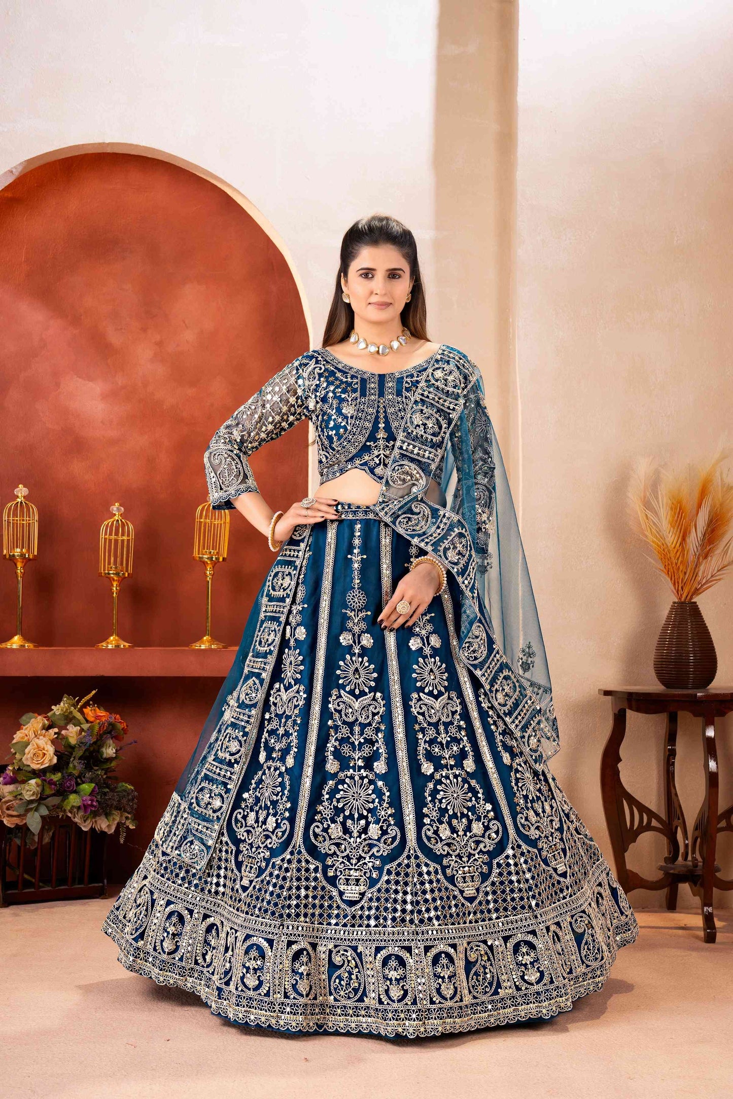 Regal Teal Blue Butterfly Net Sequence And Embroidery Designer Sangeet Wear Lehenga Choli