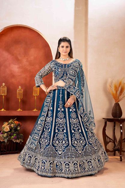 Regal Teal Blue Butterfly Net Sequence And Embroidery Designer Sangeet Wear Lehenga Choli