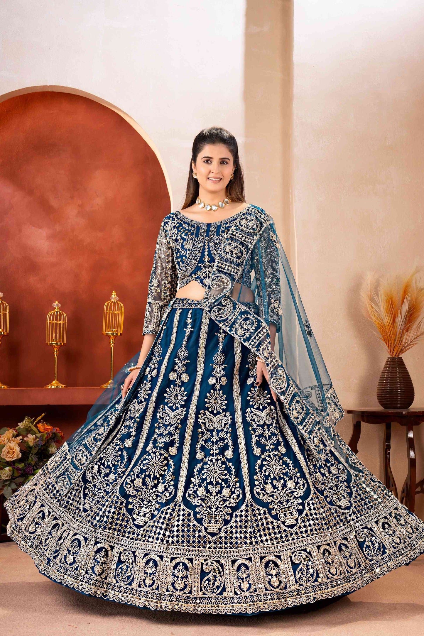 Regal Teal Blue Butterfly Net Sequence And Embroidery Designer Sangeet Wear Lehenga Choli