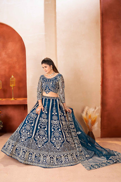 Regal Teal Blue Butterfly Net Sequence And Embroidery Designer Sangeet Wear Lehenga Choli