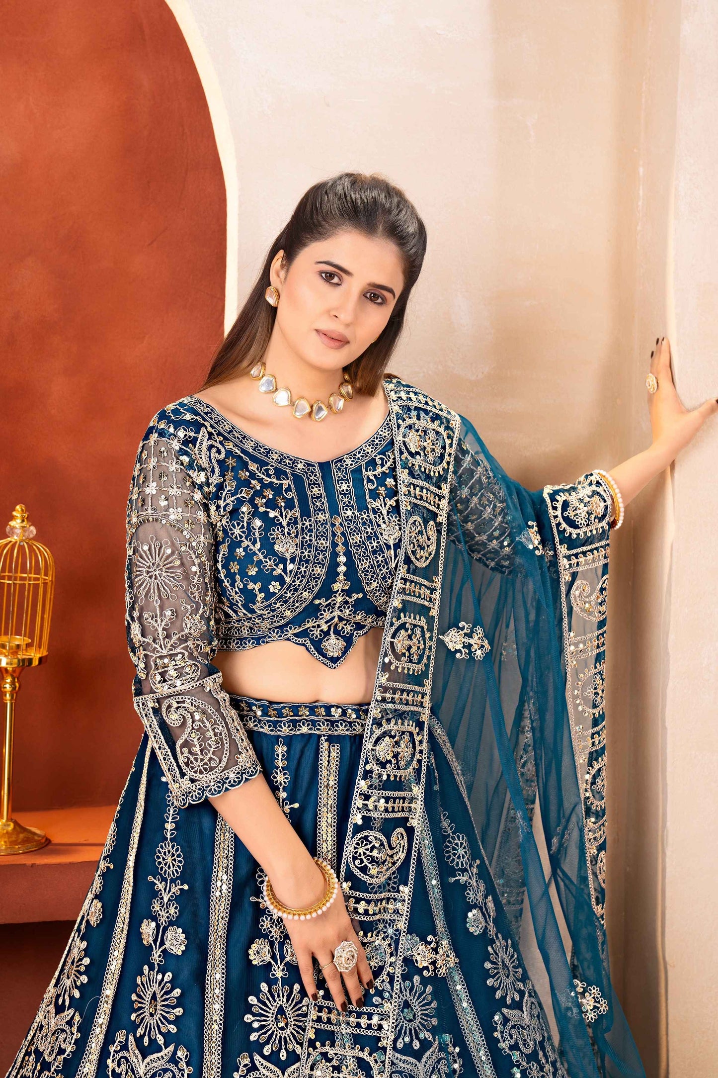 Regal Teal Blue Butterfly Net Sequence And Embroidery Designer Sangeet Wear Lehenga Choli