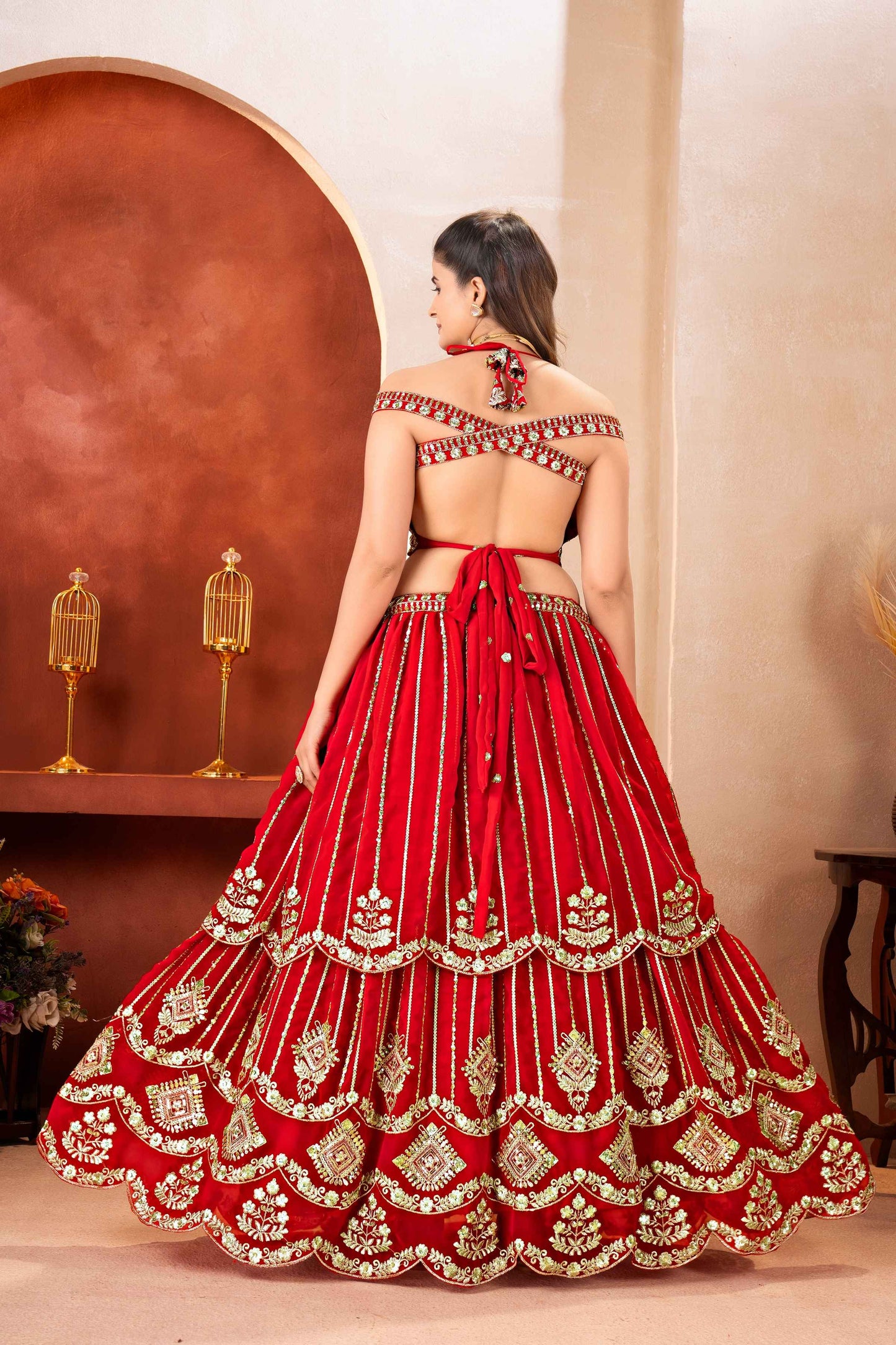 Classical Red Georgette Embroidered Sequence Designer Bridal Wear Lehenga Choli With Dupatta