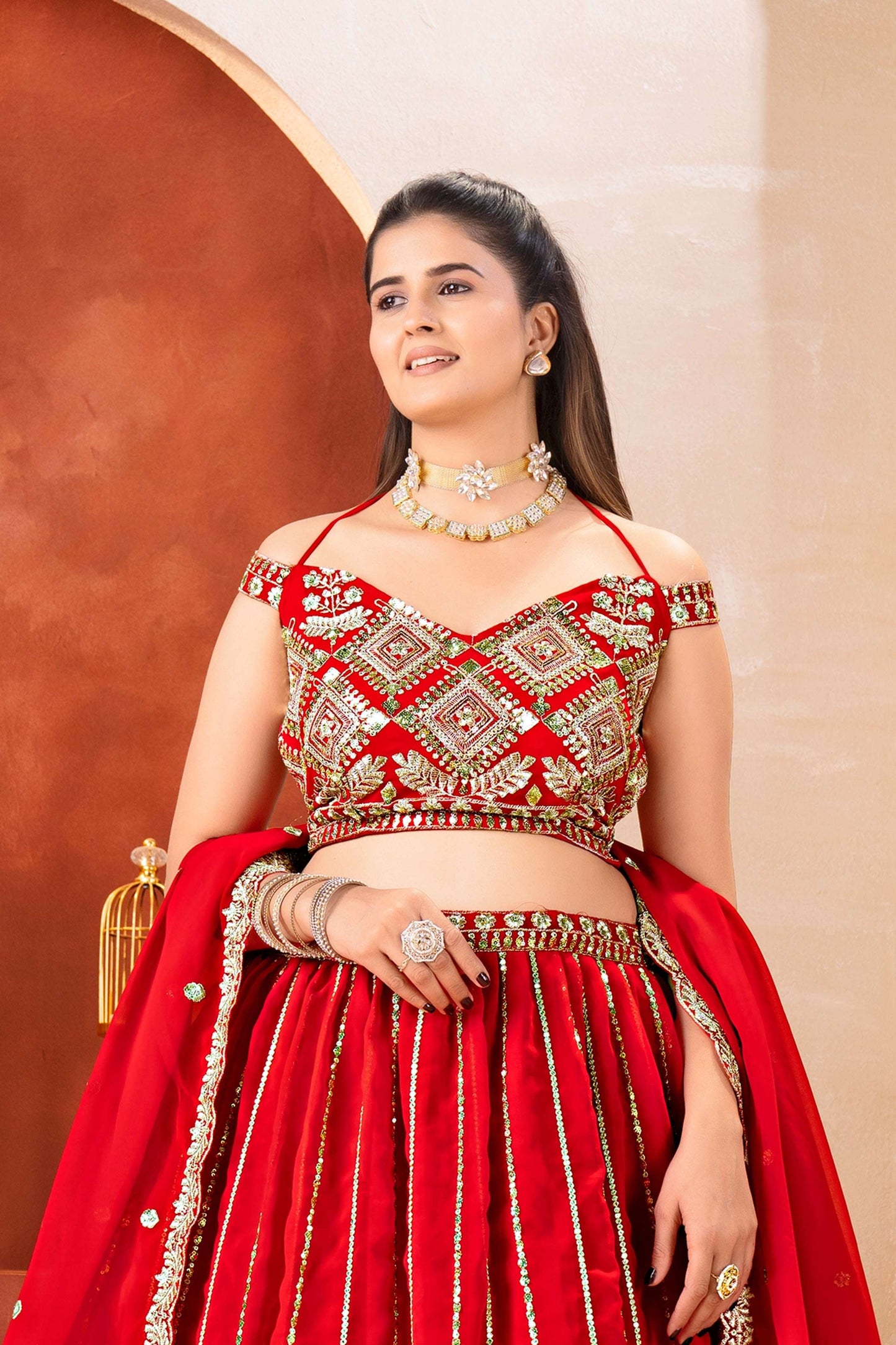 Classical Red Georgette Embroidered Sequence Designer Bridal Wear Lehenga Choli With Dupatta