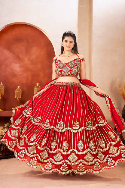 Classical Red Georgette Embroidered Sequence Designer Bridal Wear Lehenga Choli With Dupatta