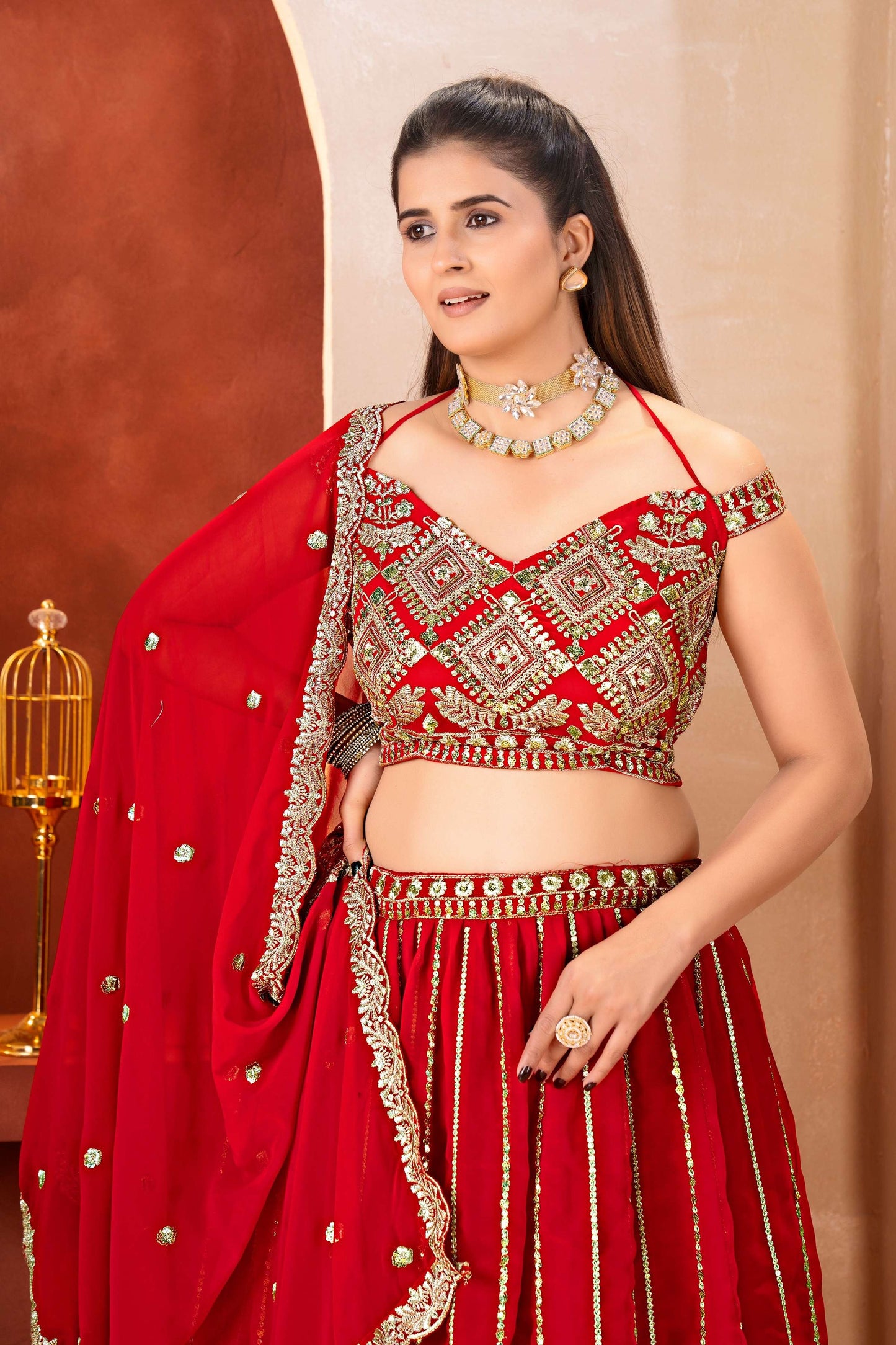 Classical Red Georgette Embroidered Sequence Designer Bridal Wear Lehenga Choli With Dupatta