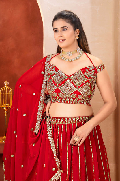 Classical Red Georgette Embroidered Sequence Designer Bridal Wear Lehenga Choli With Dupatta