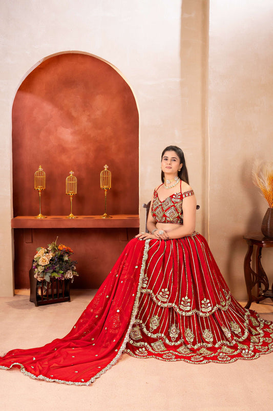 Classical Red Georgette Embroidered Sequence Designer Bridal Wear Lehenga Choli With Dupatta