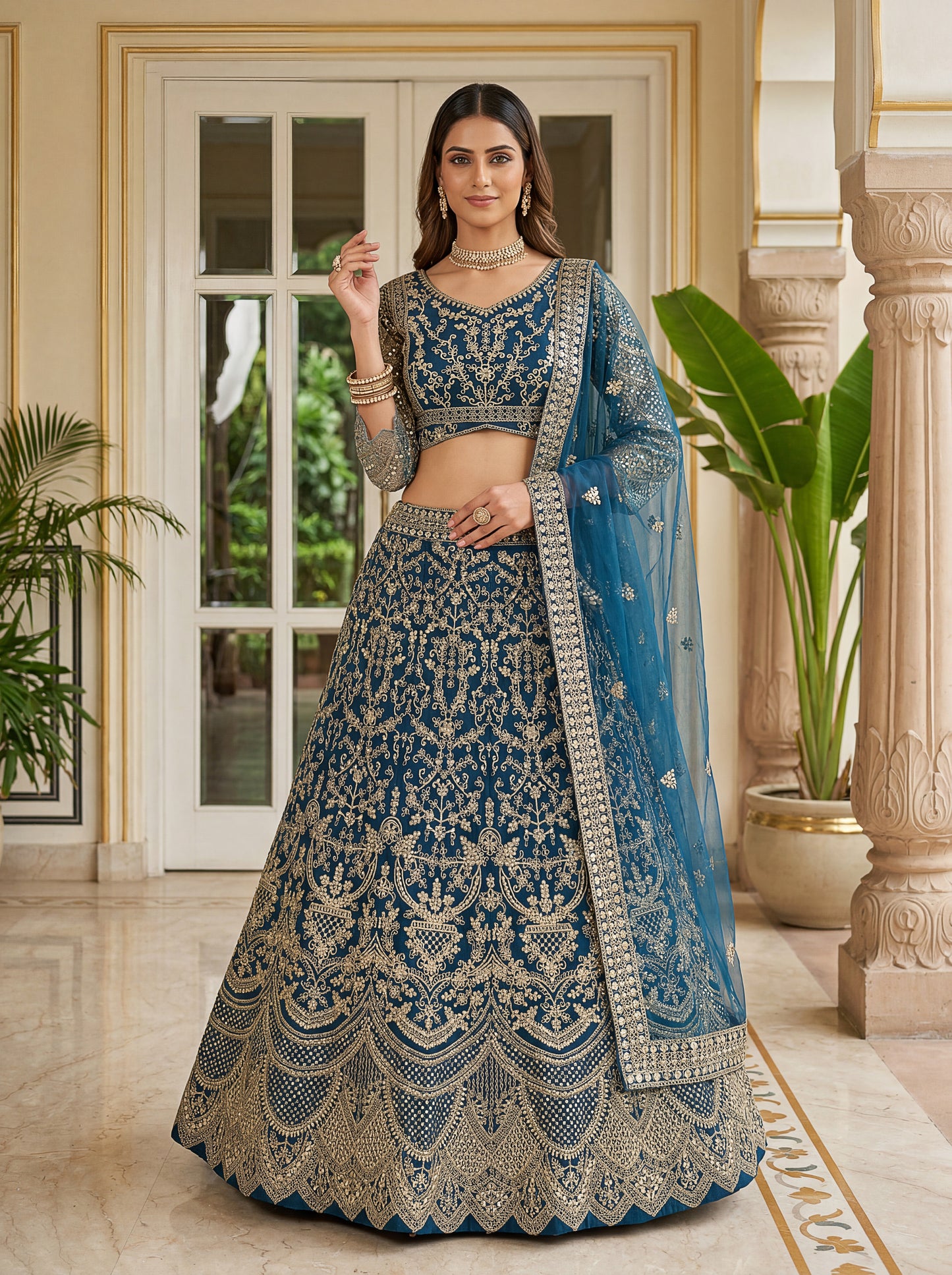 Royal Teal Blue Butterfly Net Embroidered Designer Lehenga Choli Set