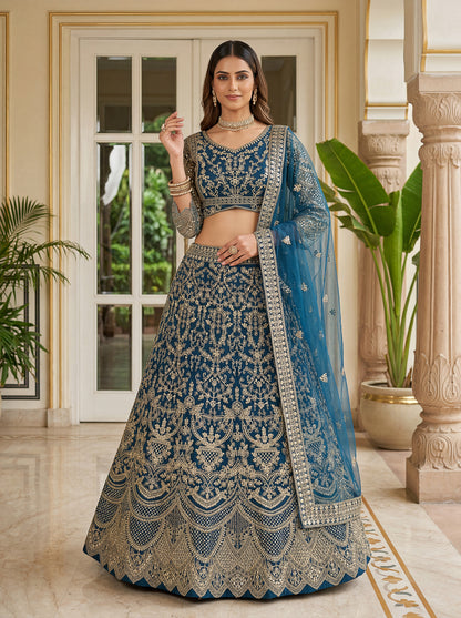 Royal Teal Blue Butterfly Net Embroidered Designer Lehenga Choli Set