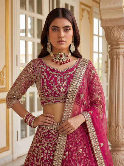 Rani Pink Heavy Butterfly Net Embroidered Bridal Lehenga Choli Set