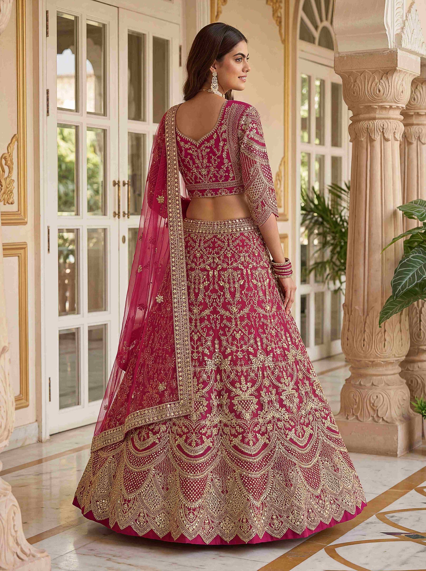 Rani Pink Heavy Butterfly Net Embroidered Bridal Lehenga Choli Set