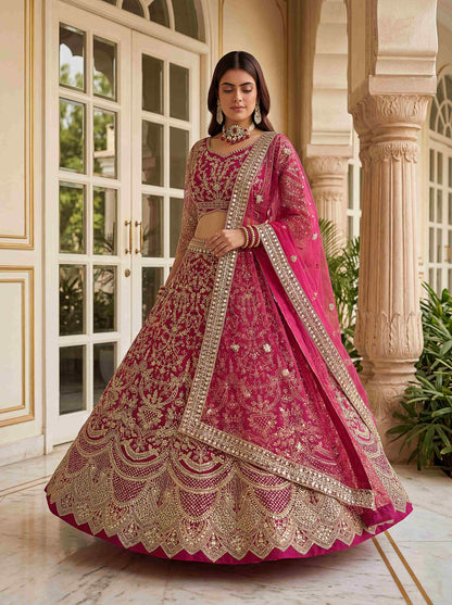 Rani Pink Heavy Butterfly Net Embroidered Bridal Lehenga Choli Set