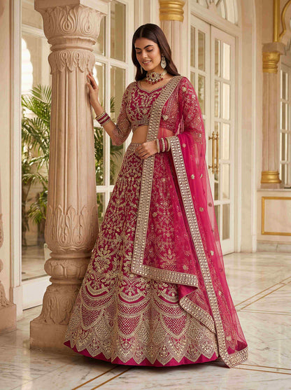 Rani Pink Heavy Butterfly Net Embroidered Bridal Lehenga Choli Set