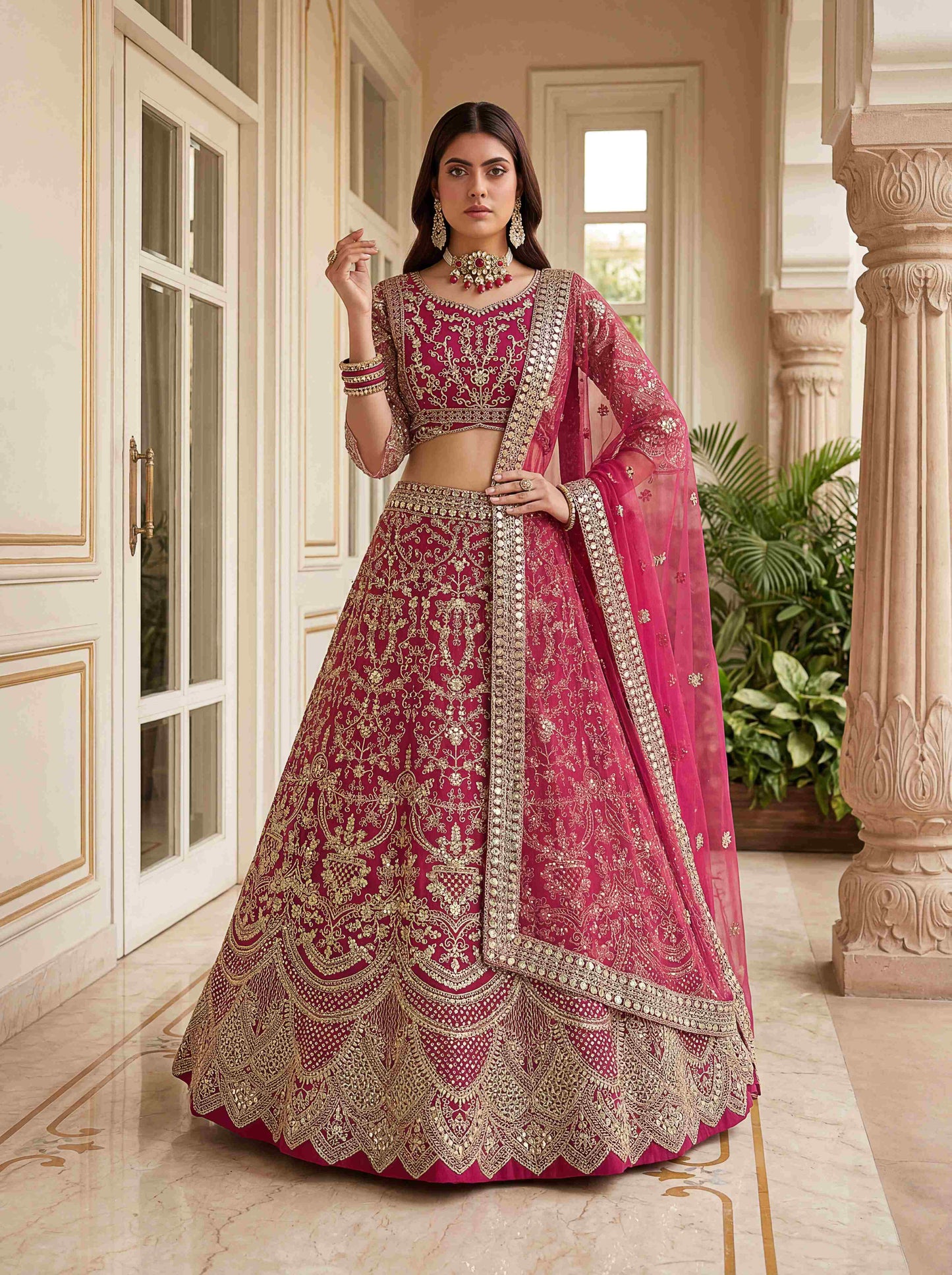 Rani Pink Heavy Butterfly Net Embroidered Bridal Lehenga Choli Set