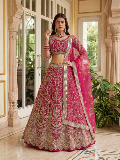 Rani Pink Heavy Butterfly Net Embroidered Bridal Lehenga Choli Set