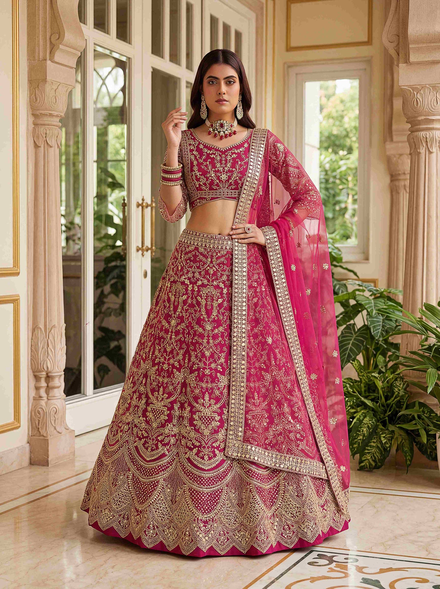 Rani Pink Heavy Butterfly Net Embroidered Bridal Lehenga Choli Set