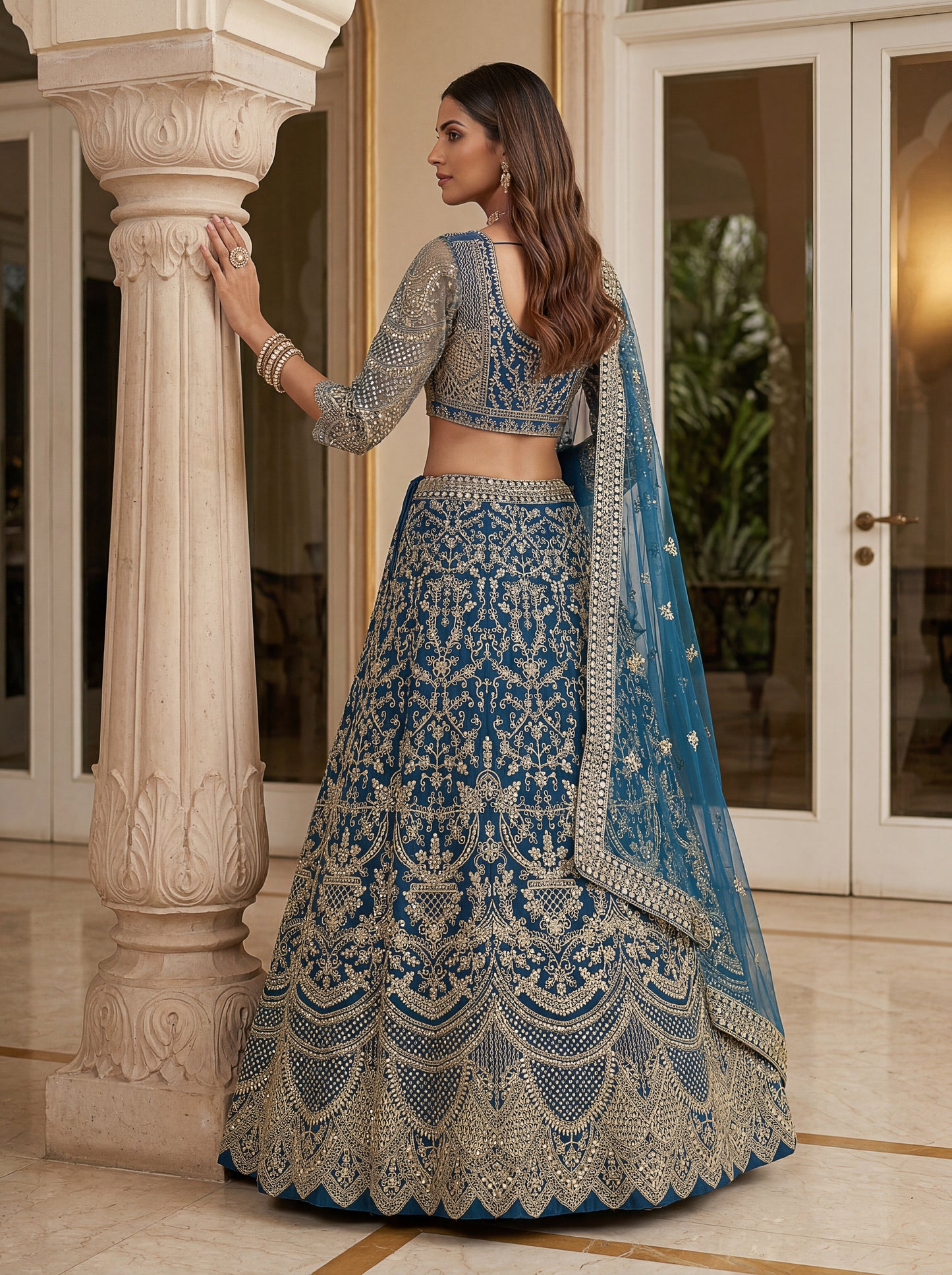 Royal Teal Blue Butterfly Net Embroidered Designer Lehenga Choli Set