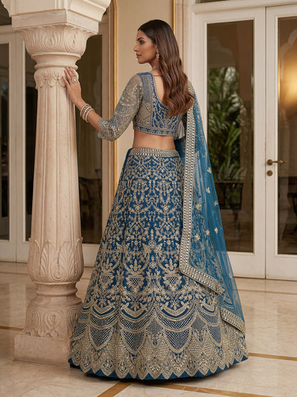 Royal Teal Blue Butterfly Net Embroidered Designer Lehenga Choli Set
