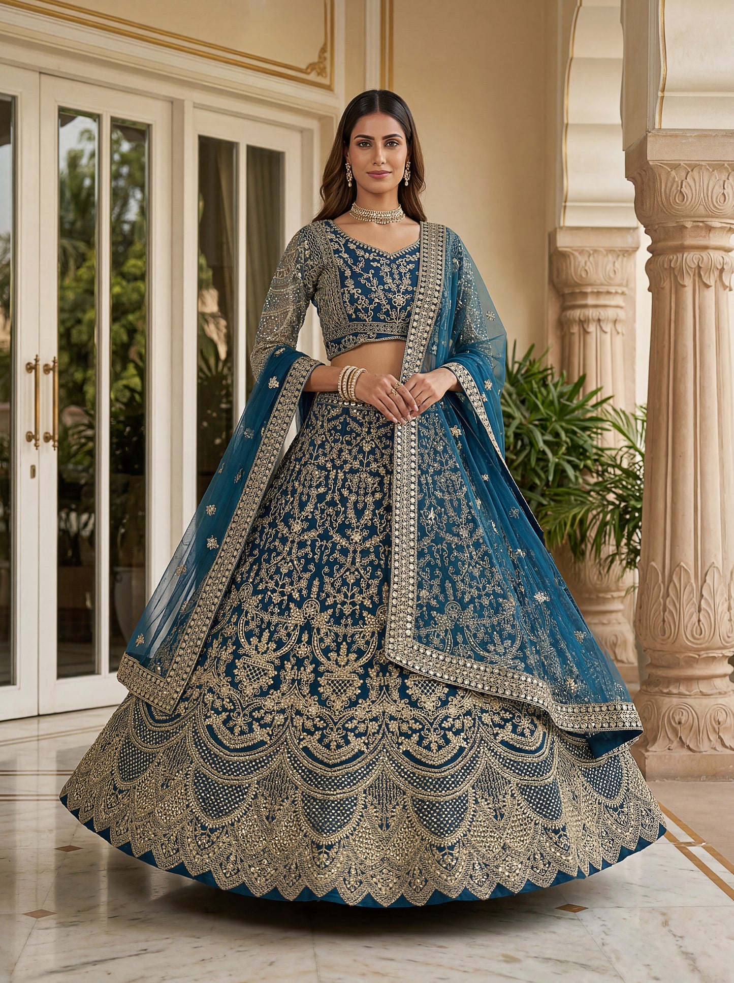 Royal Teal Blue Butterfly Net Embroidered Designer Lehenga Choli Set