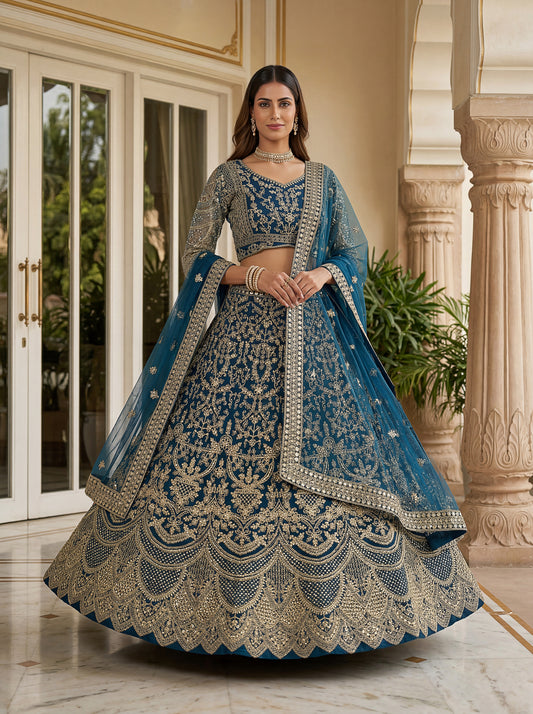 Royal Teal Blue Butterfly Net Embroidered Designer Lehenga Choli Set