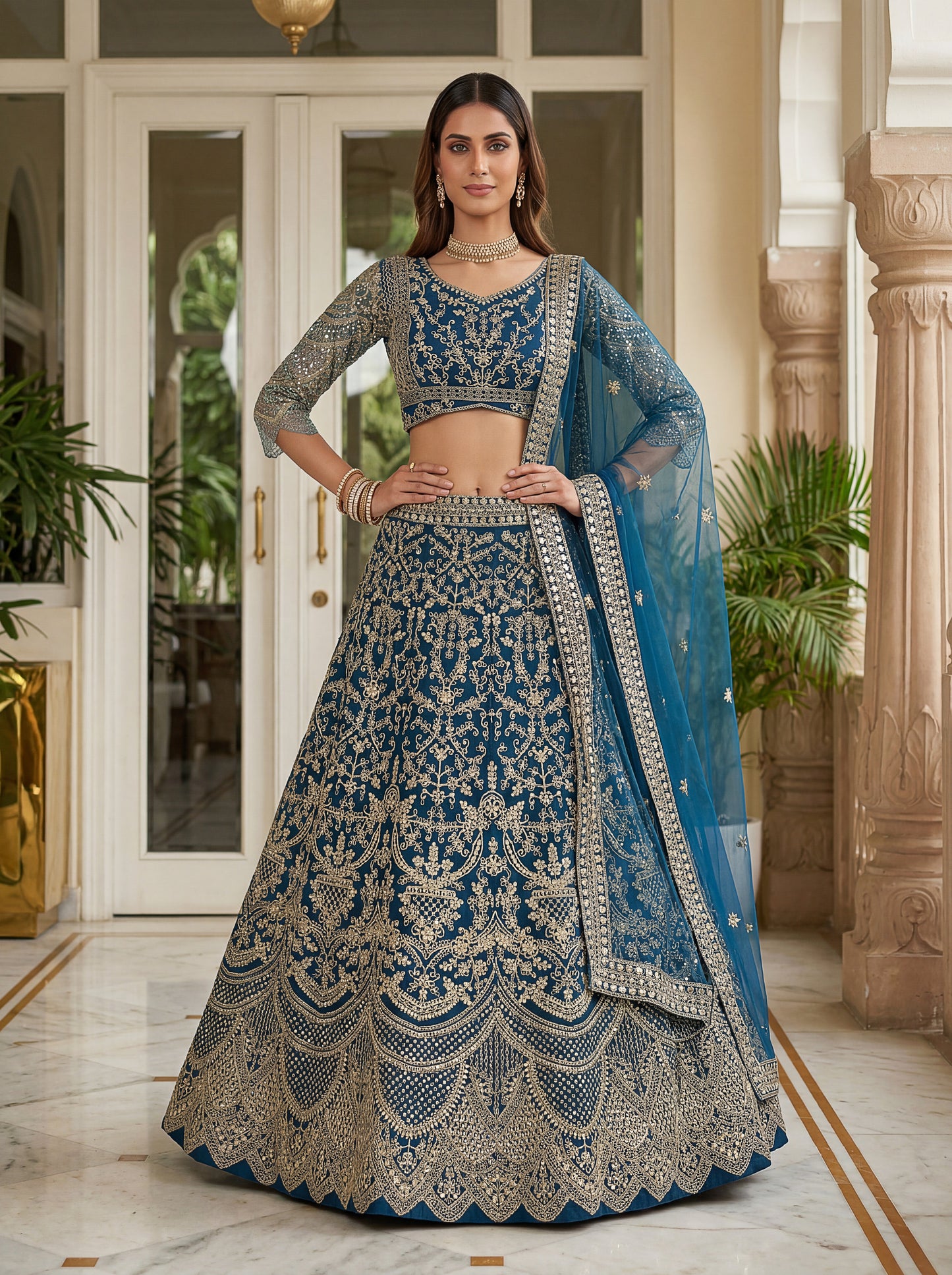 Royal Teal Blue Butterfly Net Embroidered Designer Lehenga Choli Set