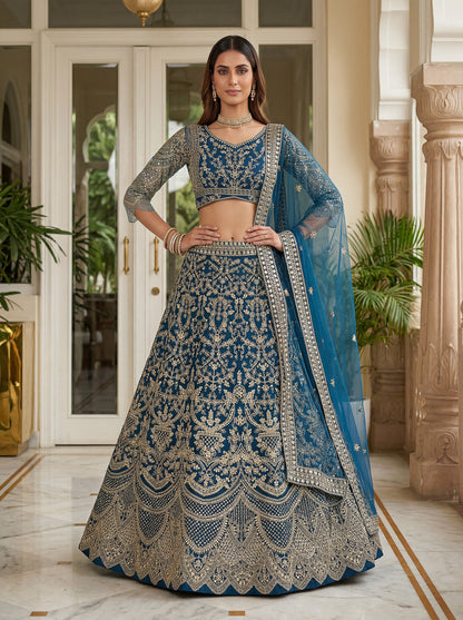 Royal Teal Blue Butterfly Net Embroidered Designer Lehenga Choli Set