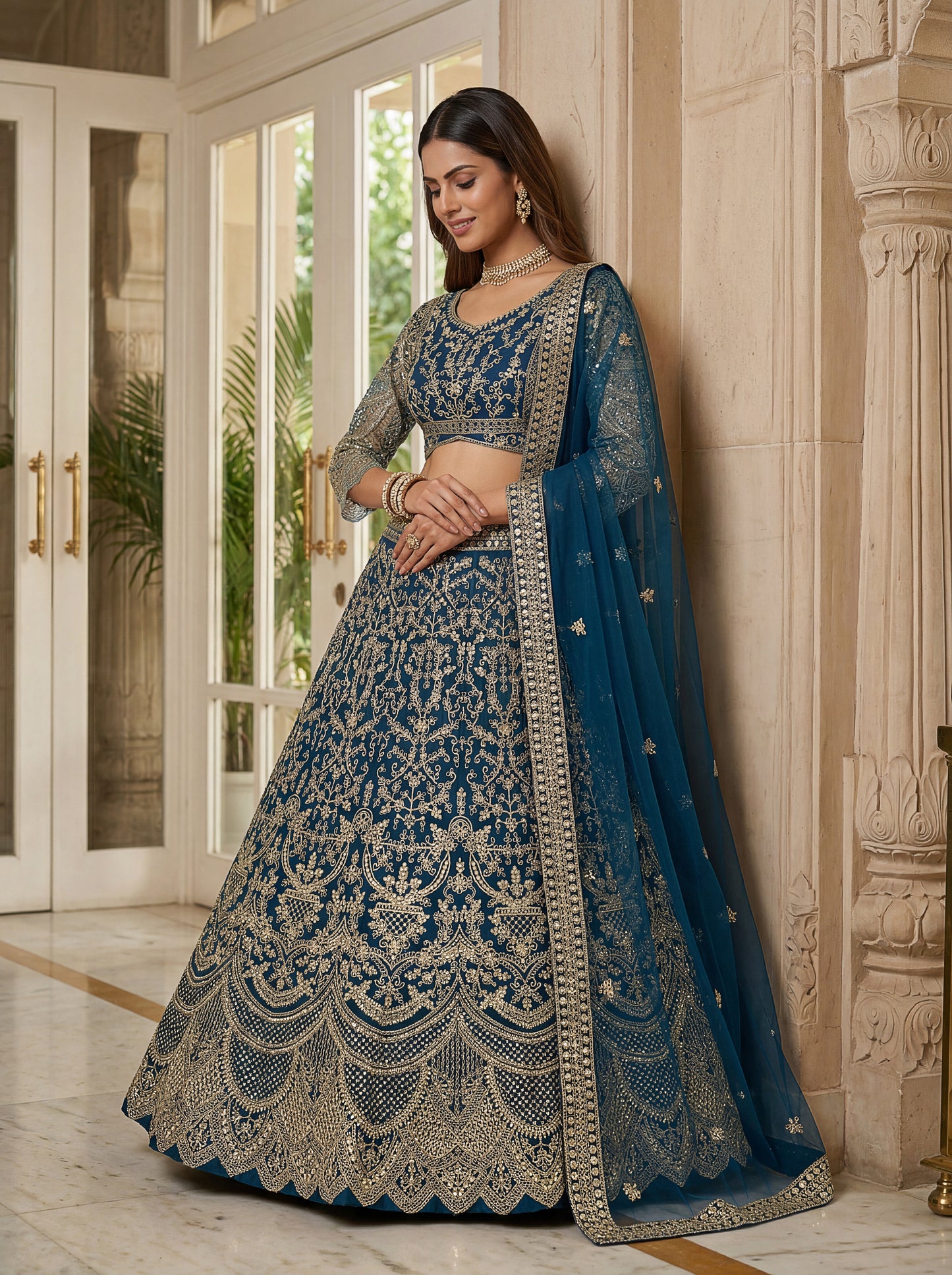 Royal Teal Blue Butterfly Net Embroidered Designer Lehenga Choli Set