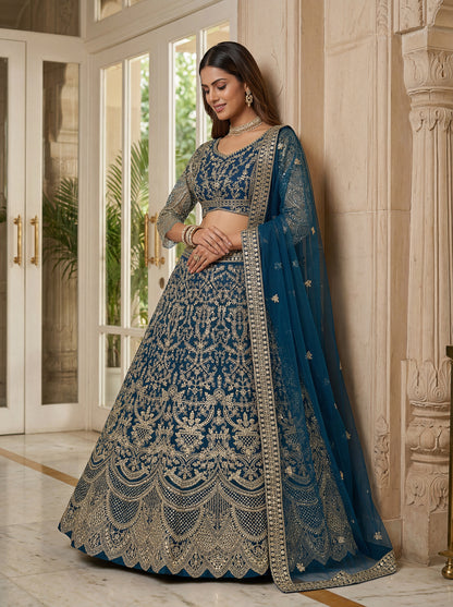 Royal Teal Blue Butterfly Net Embroidered Designer Lehenga Choli Set