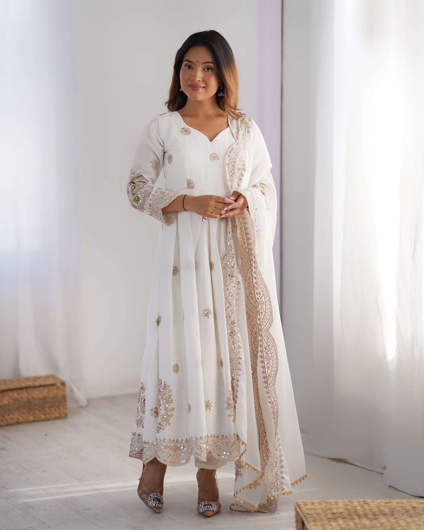 Spectacular White Sequence Designer Chinon Anarkali Suit With Dupatta