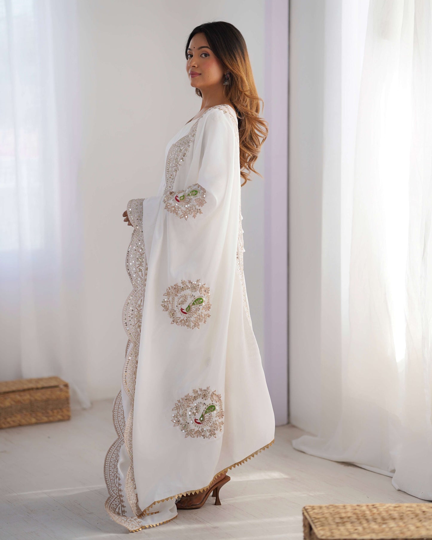 Spectacular White Sequence Designer Chinon Anarkali Suit With Dupatta