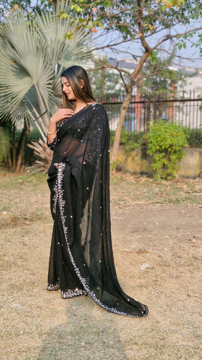 Lovely Black Candy Crush Sequence C Pallu Party Wear Saree With Embroidery Blouse