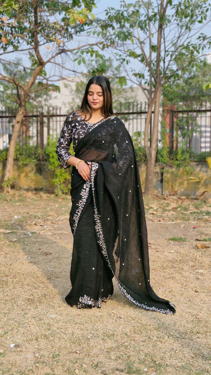 Lovely Black Candy Crush Sequence C Pallu Party Wear Saree With Embroidery Blouse