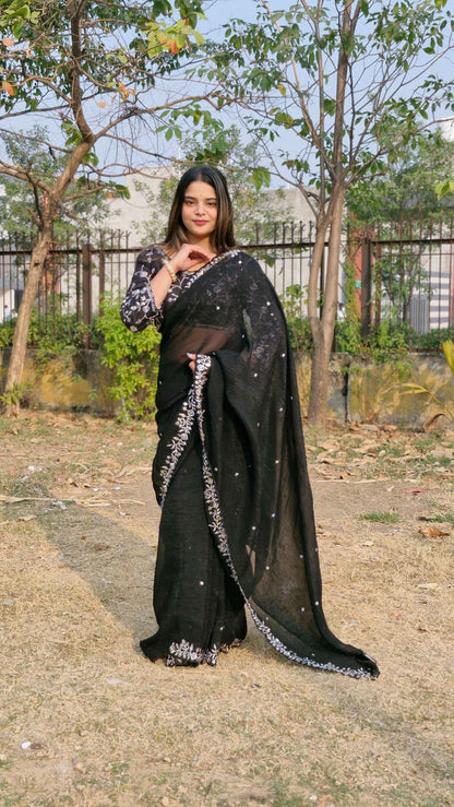 Lovely Black Candy Crush Sequence C Pallu Party Wear Saree With Embroidery Blouse
