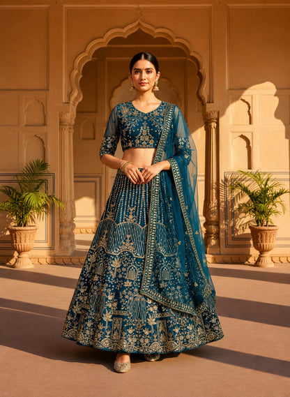 Teal Blue Bridal-Inspired Embroidered Lehenga Set