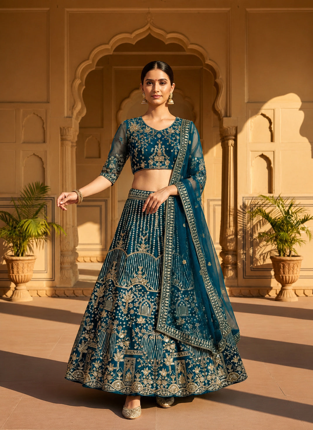 Teal Blue Bridal-Inspired Embroidered Lehenga Set