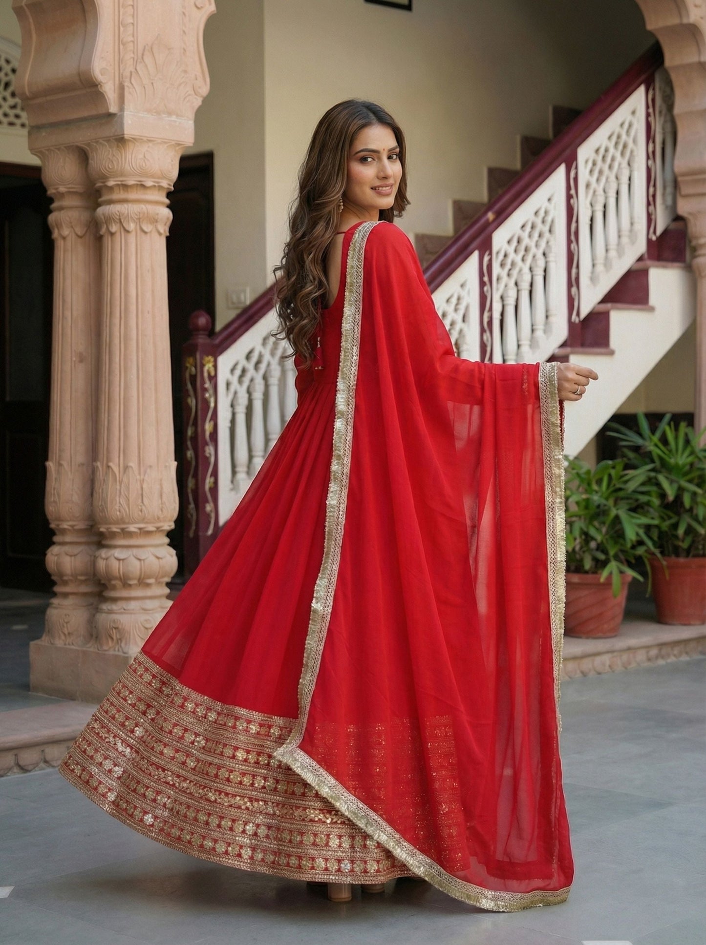 Elegance Red Embroidered Flared Sequence Zari Designmer Festive Gown