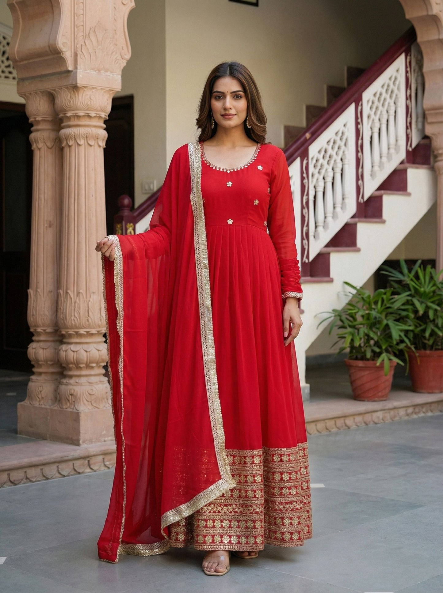 Elegance Red Embroidered Flared Sequence Zari Designmer Festive Gown