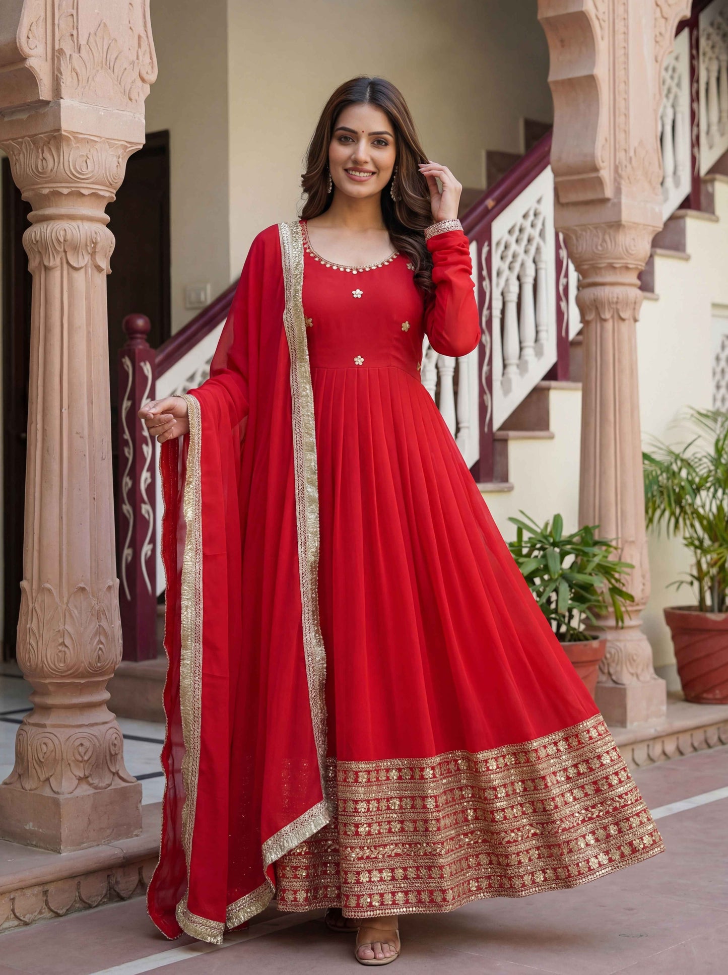Elegance Red Embroidered Flared Sequence Zari Designmer Festive Gown