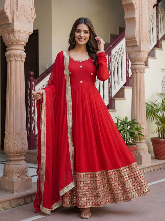 Elegance Red Embroidered Flared Sequence Zari Designmer Festive Gown