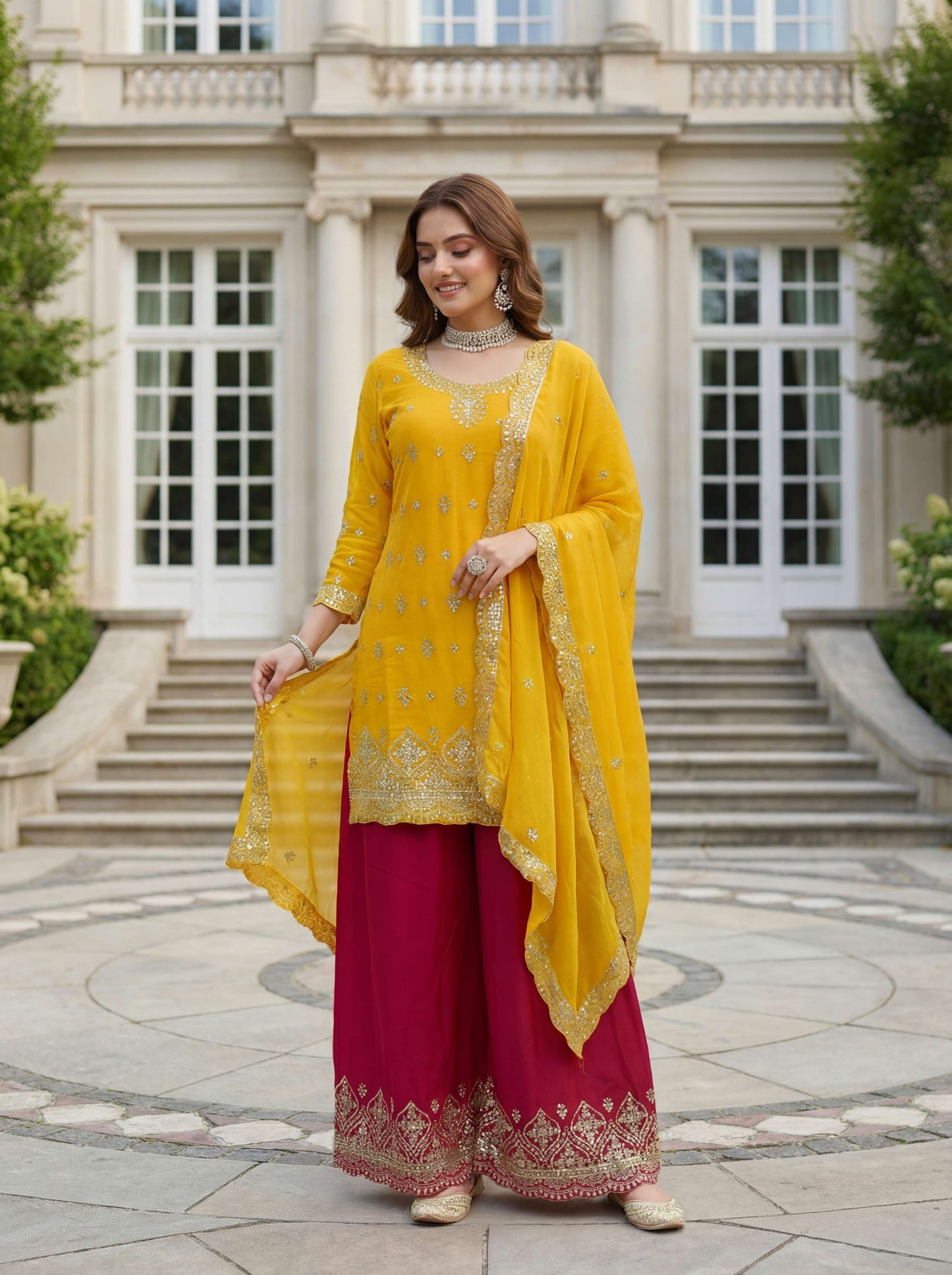 Graceful Yellow Chinon Silk Kurti Contrast Bottom Embroidered Sequence Designer Function Wear Kurta Salwar Suit