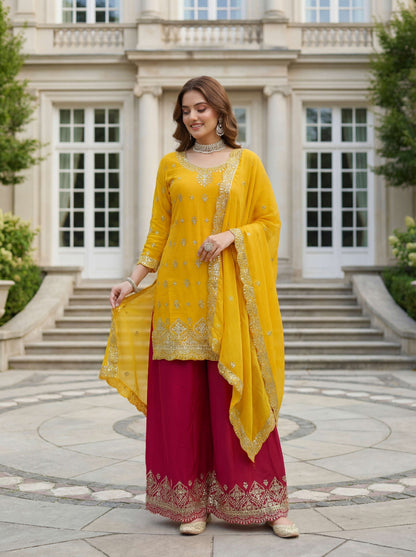 Graceful Yellow Chinon Silk Kurti Contrast Bottom Embroidered Sequence Designer Function Wear Kurta Salwar Suit