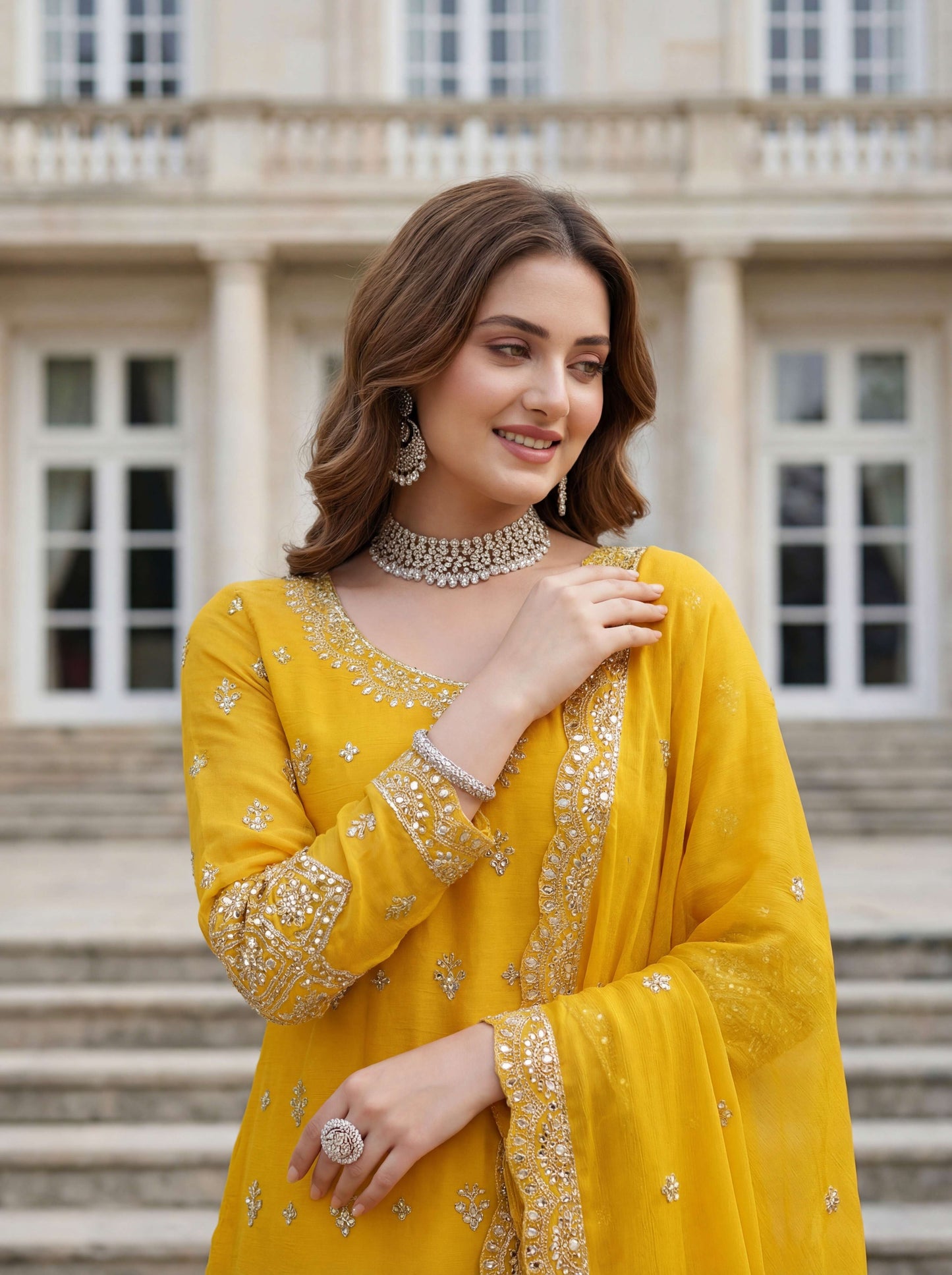 Graceful Yellow Chinon Silk Kurti Contrast Bottom Embroidered Sequence Designer Function Wear Kurta Salwar Suit