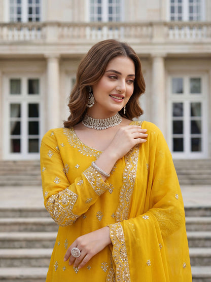 Graceful Yellow Chinon Silk Kurti Contrast Bottom Embroidered Sequence Designer Function Wear Kurta Salwar Suit