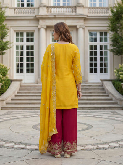 Graceful Yellow Chinon Silk Kurti Contrast Bottom Embroidered Sequence Designer Function Wear Kurta Salwar Suit