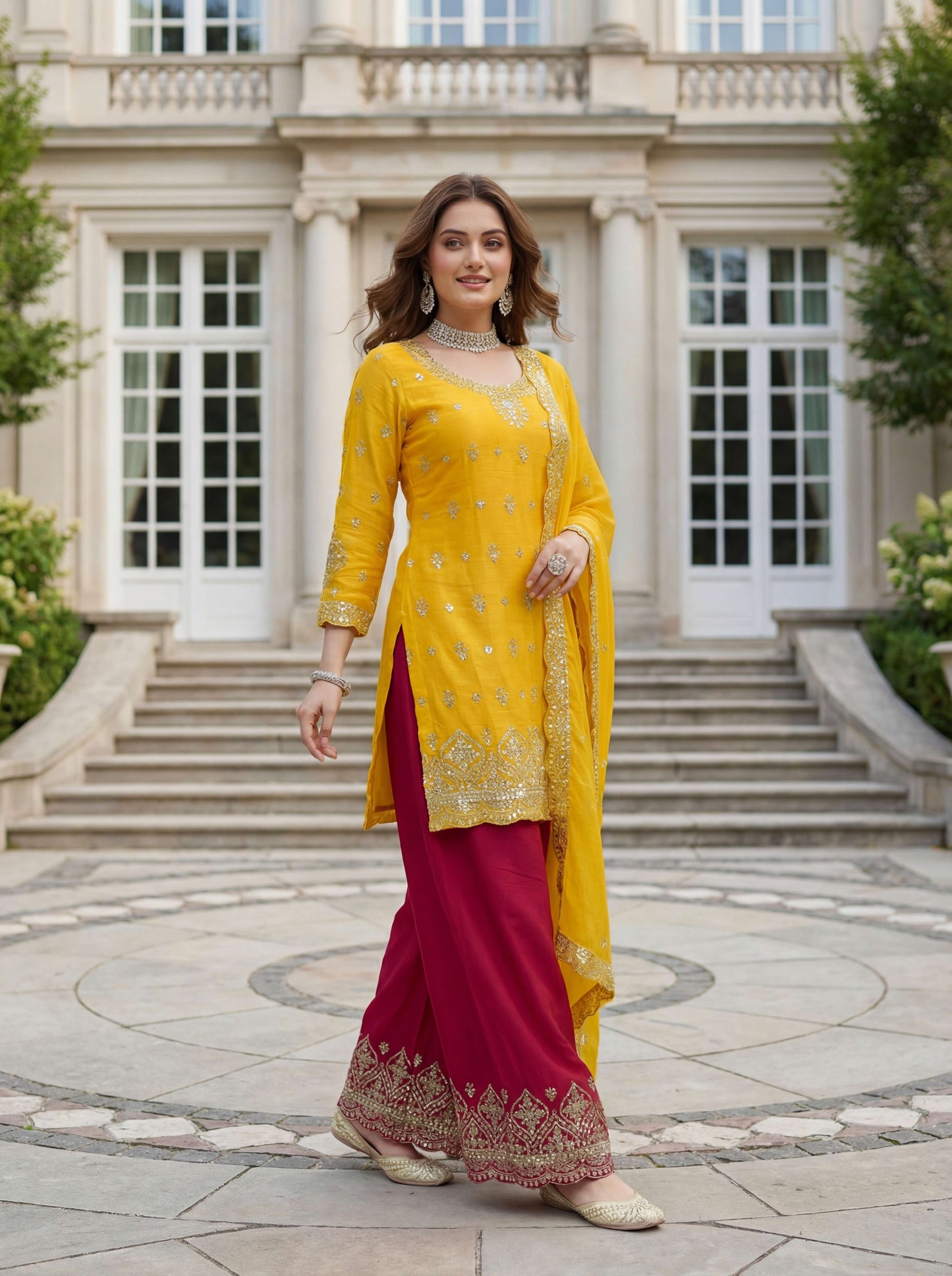 Graceful Yellow Chinon Silk Kurti Contrast Bottom Embroidered Sequence Designer Function Wear Kurta Salwar Suit