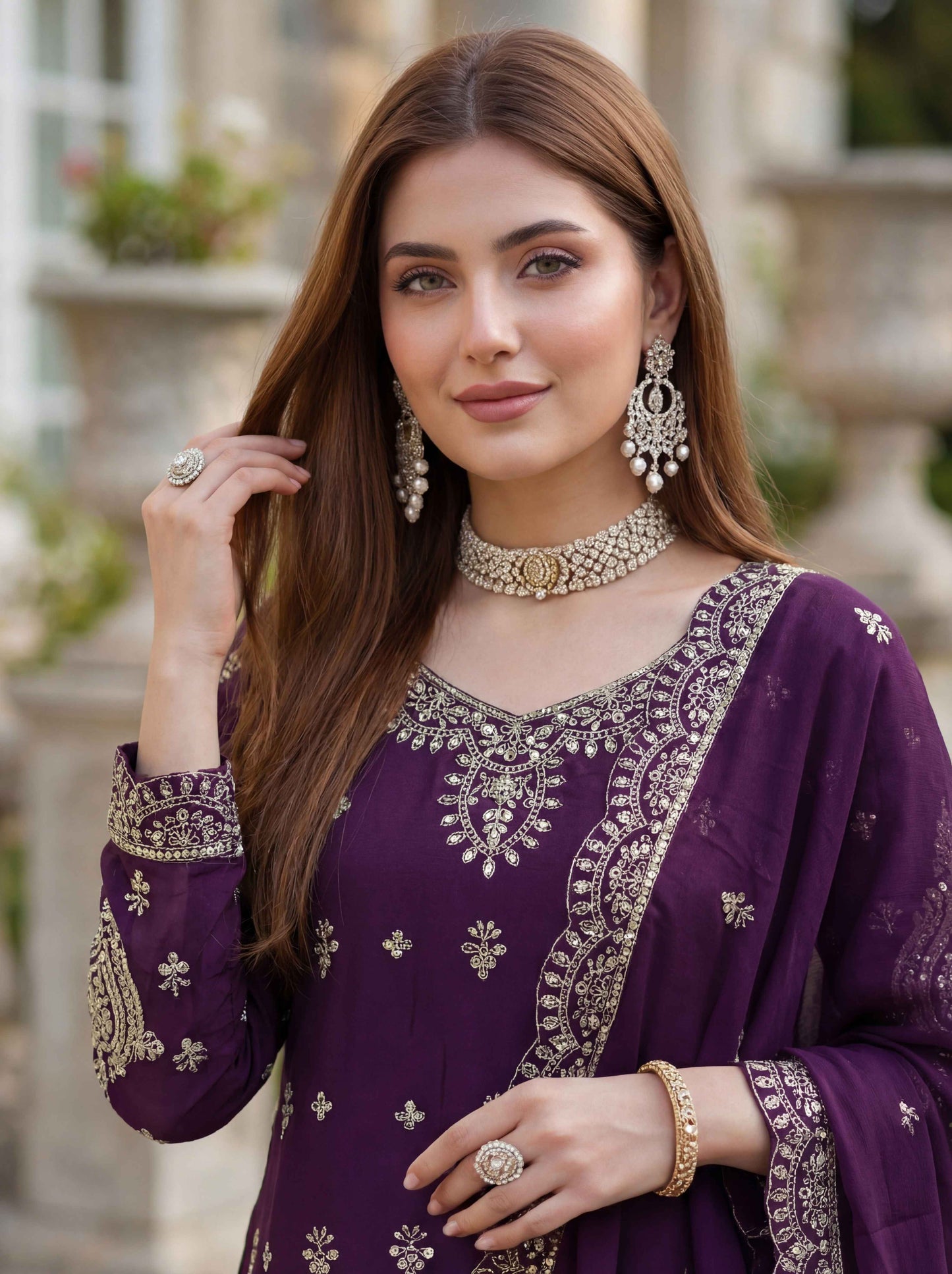 Elegant Purple Chinon Silk Kurti Contrast Bottom Embroidered Sequence Designer Function Wear Kurta Salwar Suit