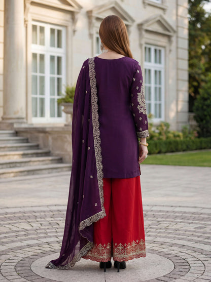 Elegant Purple Chinon Silk Kurti Contrast Bottom Embroidered Sequence Designer Function Wear Kurta Salwar Suit