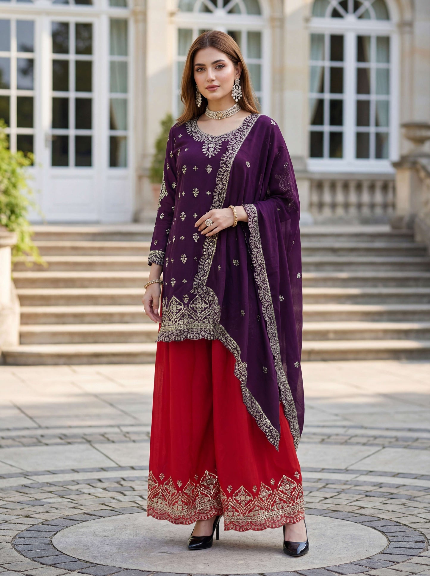 Elegant Purple Chinon Silk Kurti Contrast Bottom Embroidered Sequence Designer Function Wear Kurta Salwar Suit